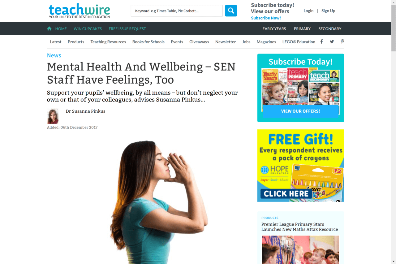 Screenshot of mental health and wellbeing - sen staff have feelings too article