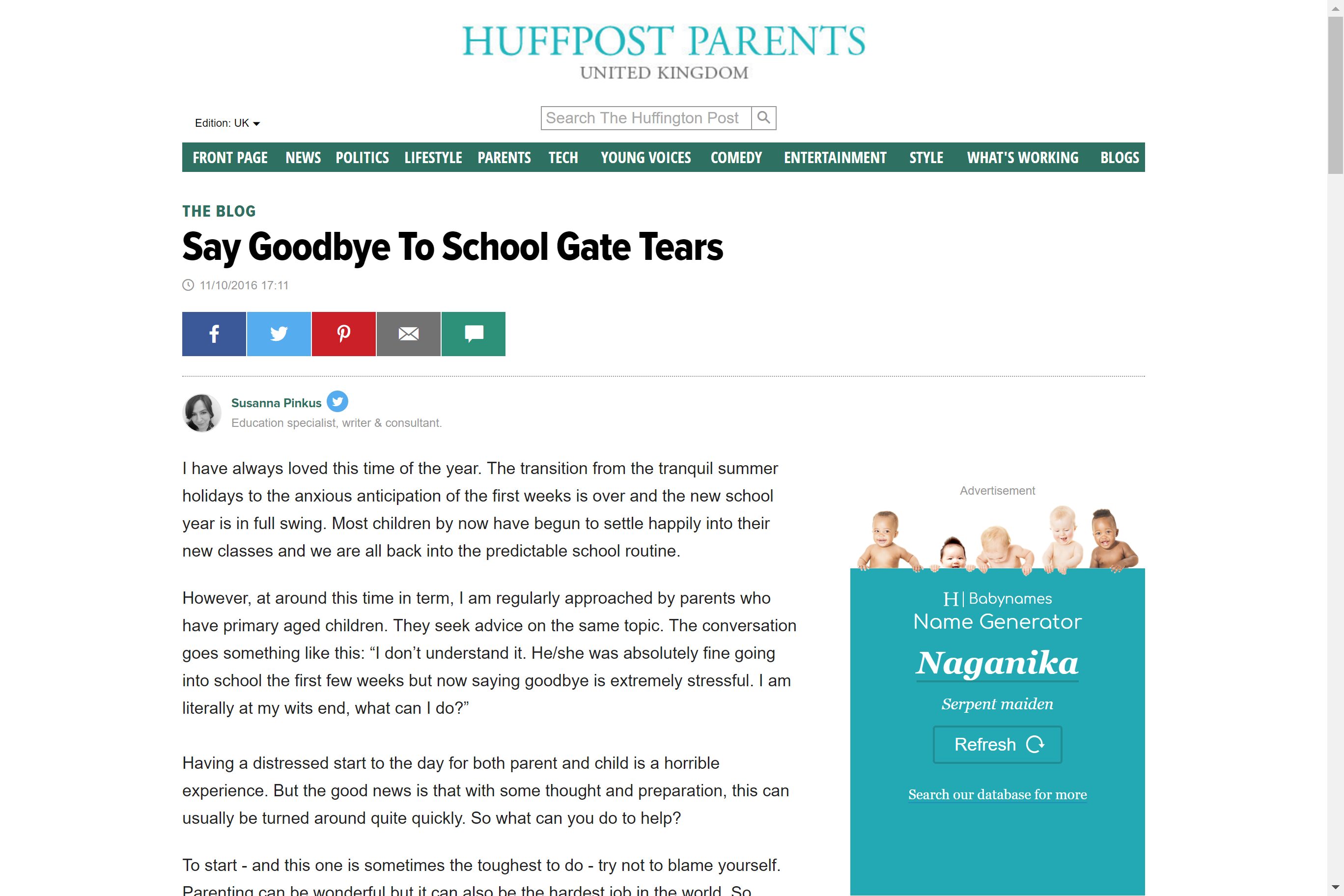 Screenshot of say goodbye to school gate tears article