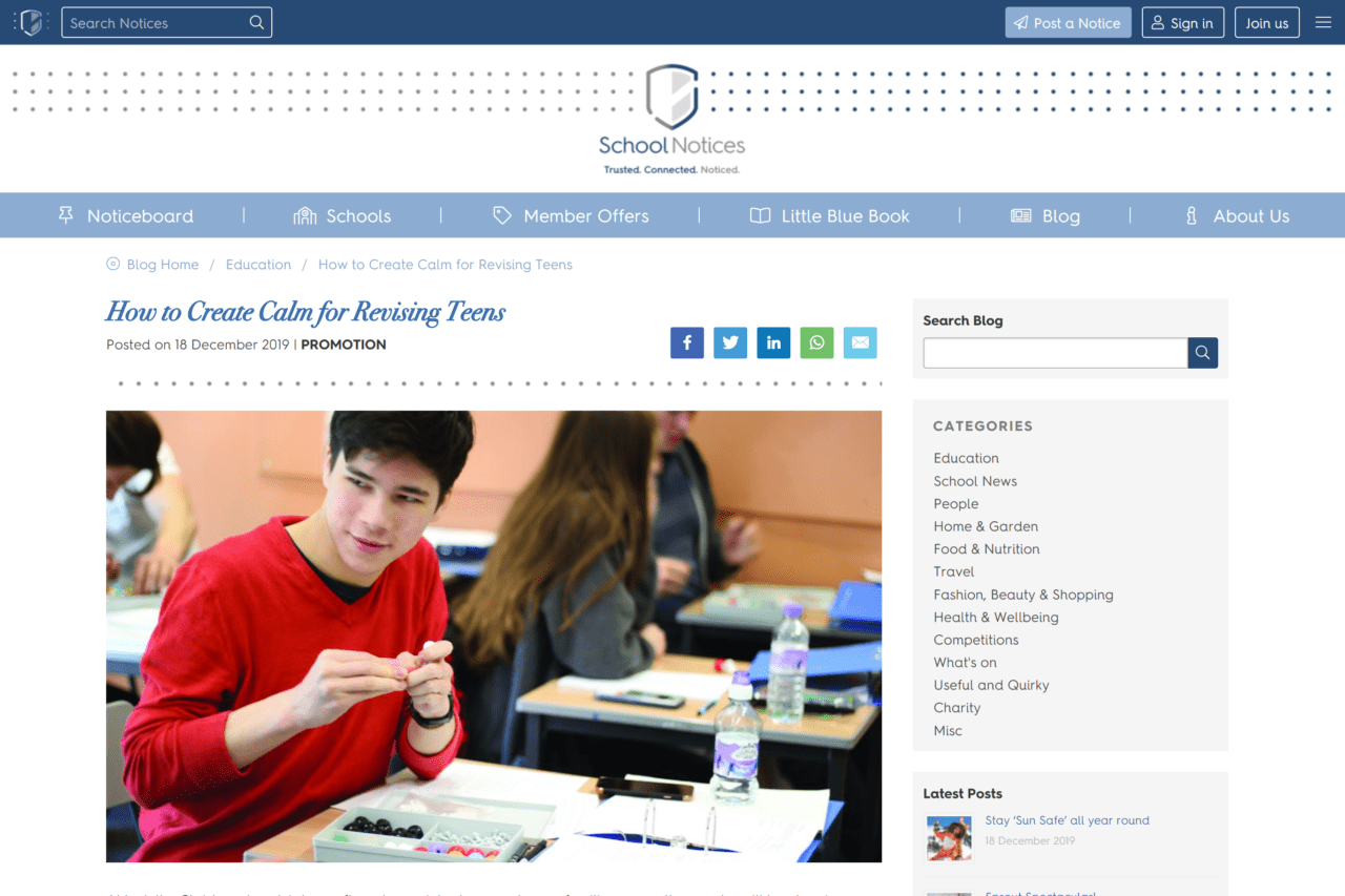 Screenshot of how to create calm for revising teens article