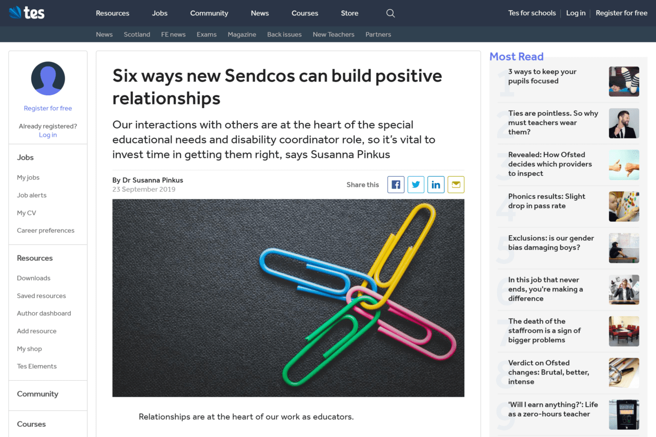 Screenshot of six ways new sendcos can build positive relationships article