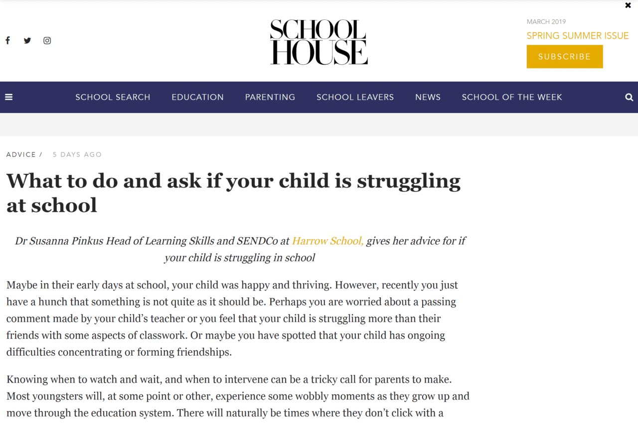 Screenshot of what to do and ask if your child is struggling at school article